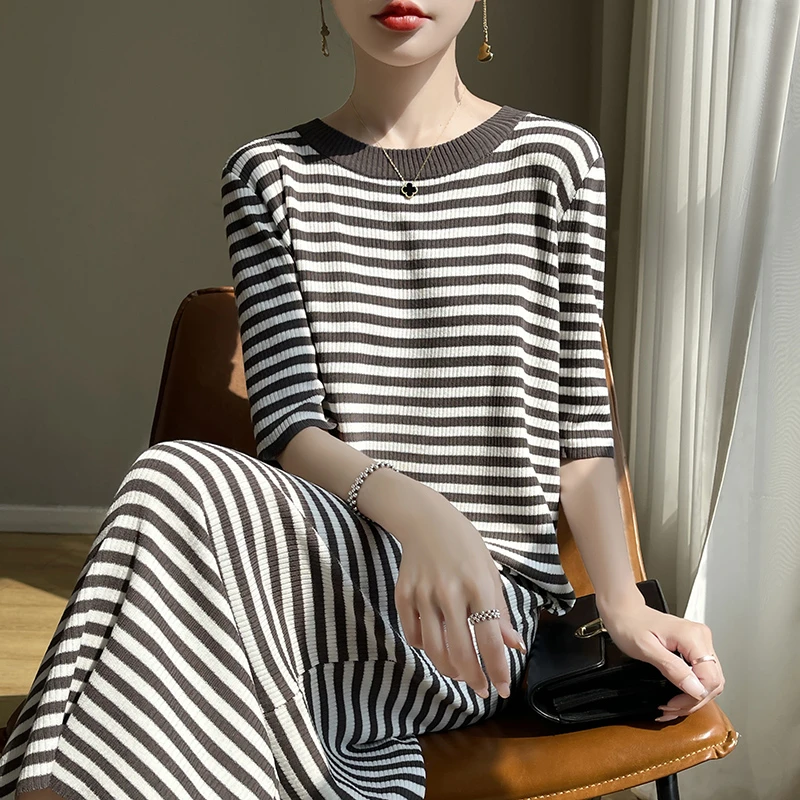 冰丝短袖连衣裙女夏薄款条纹半袖背心t恤女宽松显瘦中长款打底裙T