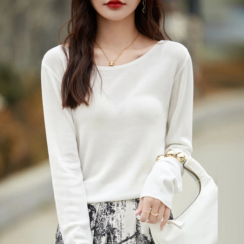精纺一字领打底衫女春夏薄款长袖针织衫短款套头宽松显瘦气质上衣