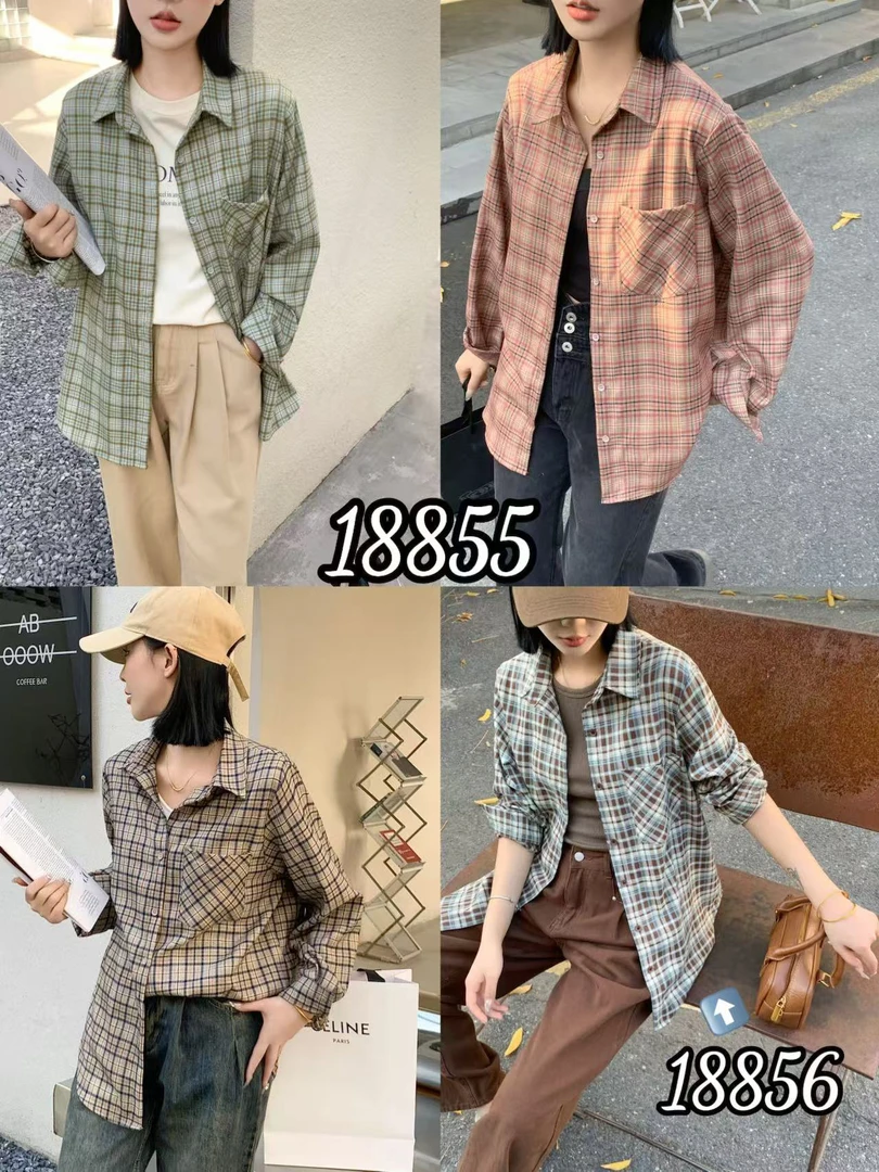 韩系复古格子衬衫女秋季宽松长袖休闲上衣外套