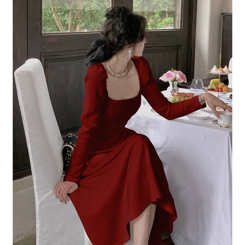 红色长袖连衣裙女春秋法式订婚礼服新娘敬酒服平时可穿红裙子长裙