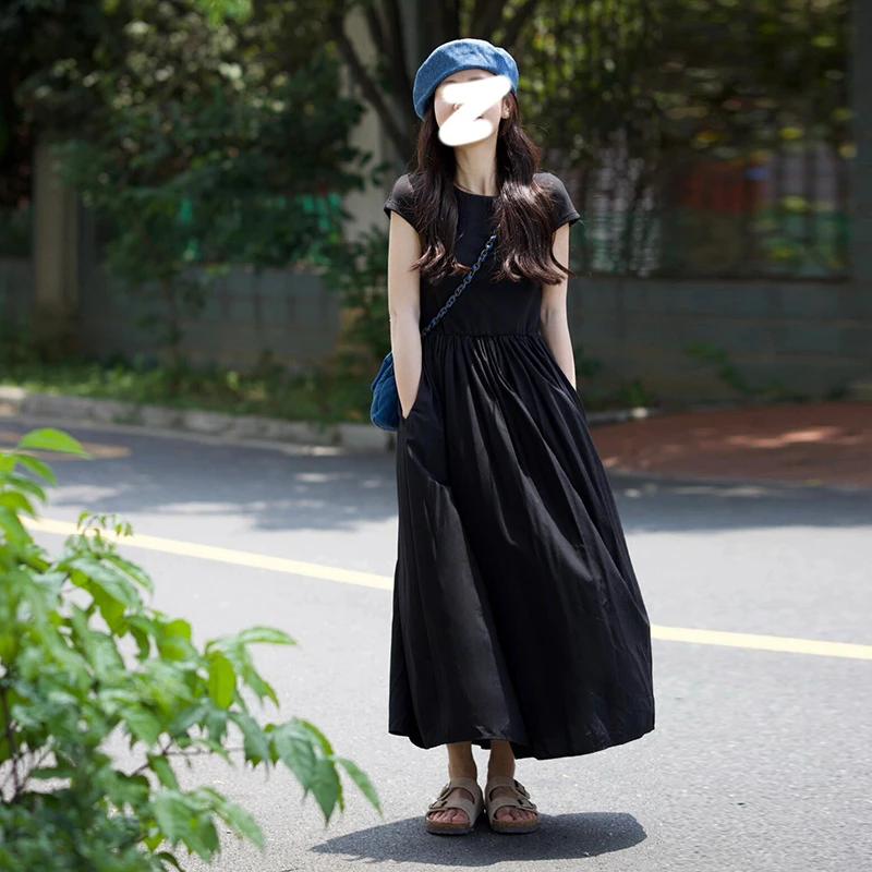 黑色连衣裙子女夏2025新款法式茶歇高级感收腰显瘦短袖小黑裙长裙