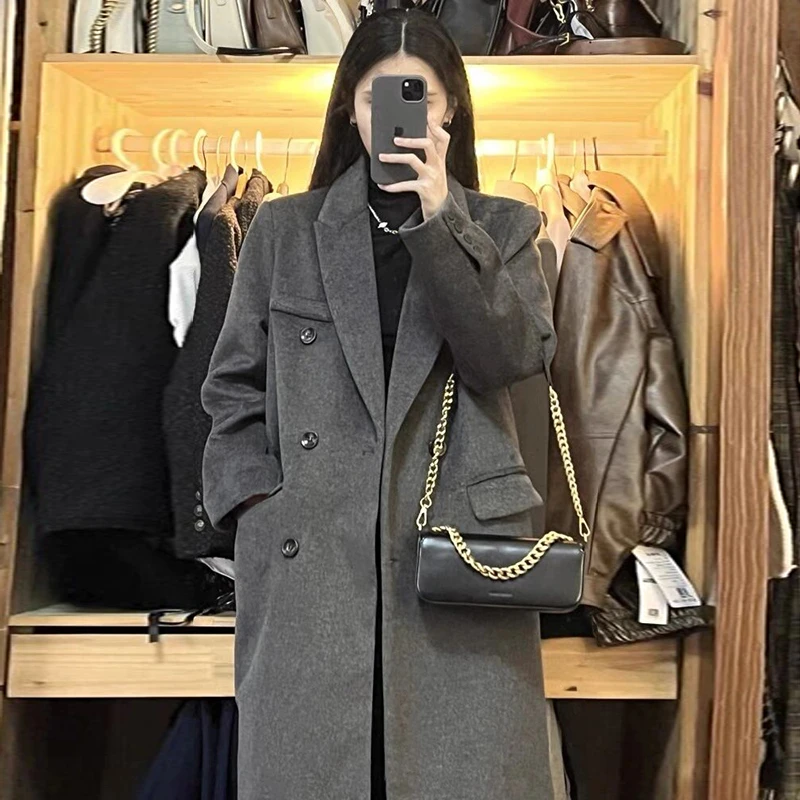 灰色毛呢外套女中长款2025秋冬新款小个子高级感正肩西装呢子大衣
