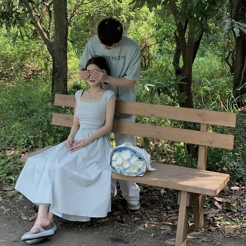 法式茶歇蓝色吊带连衣裙子女夏季小个子抽绳收腰显瘦度假初恋长裙