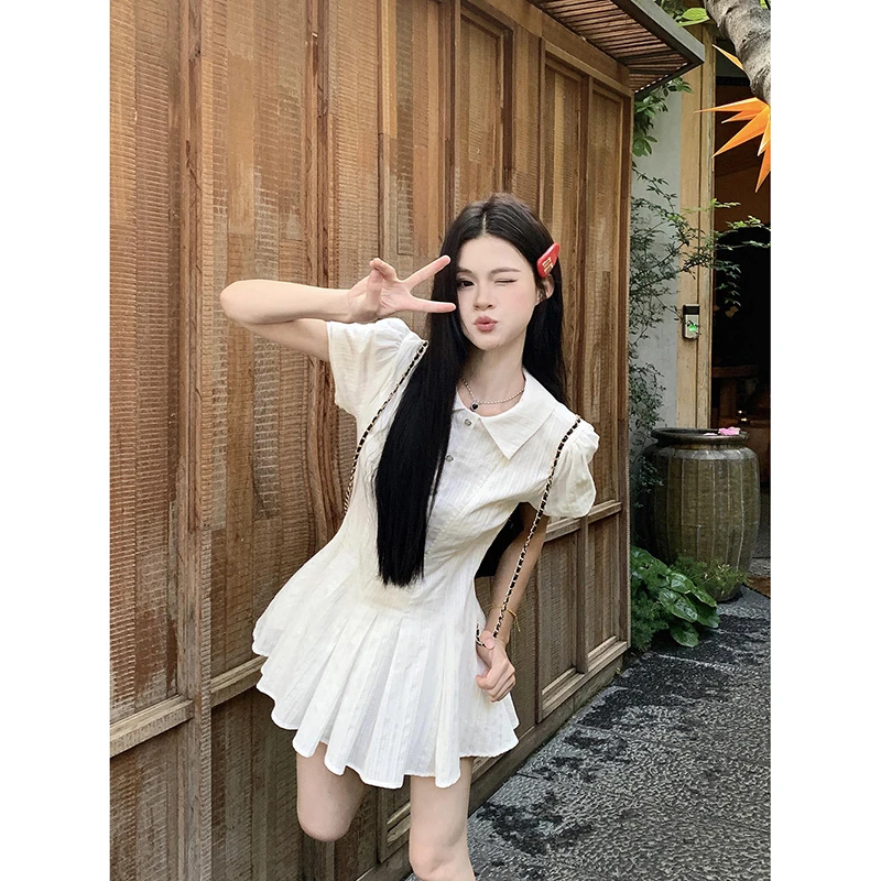 学院风白色泡泡袖衬衫连衣裙子女夏季法式气质小个子收腰甜美短裙