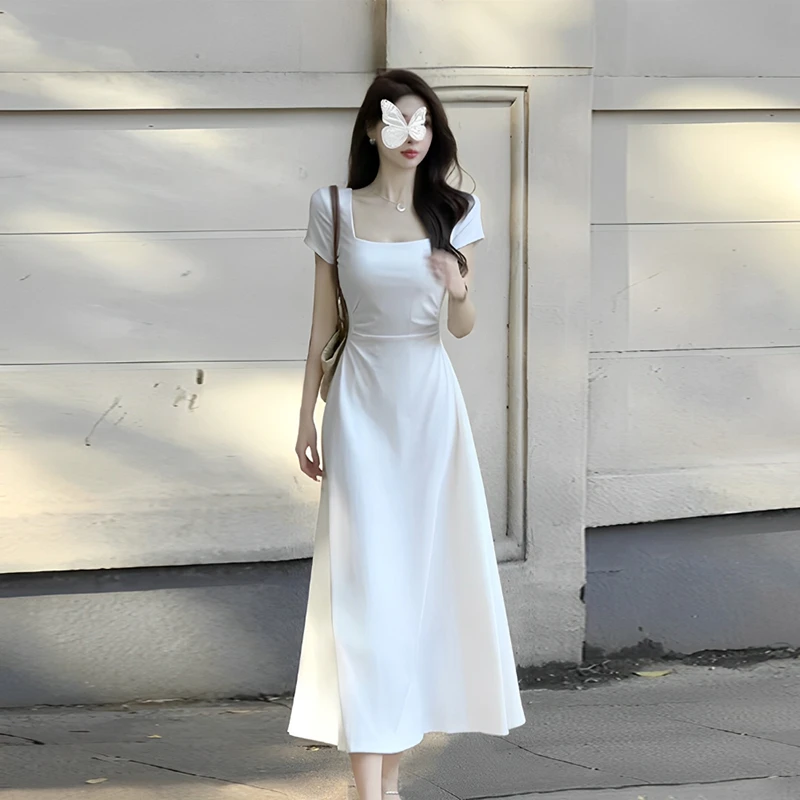 法式气质白色短袖连衣裙女夏季小个子高级感收腰显瘦小白裙长裙子