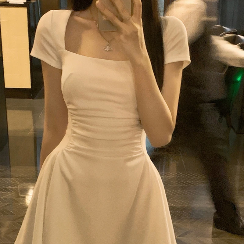 法式纯欲白色短袖连衣裙子女夏季小个子高级感收腰长裙初恋小白裙