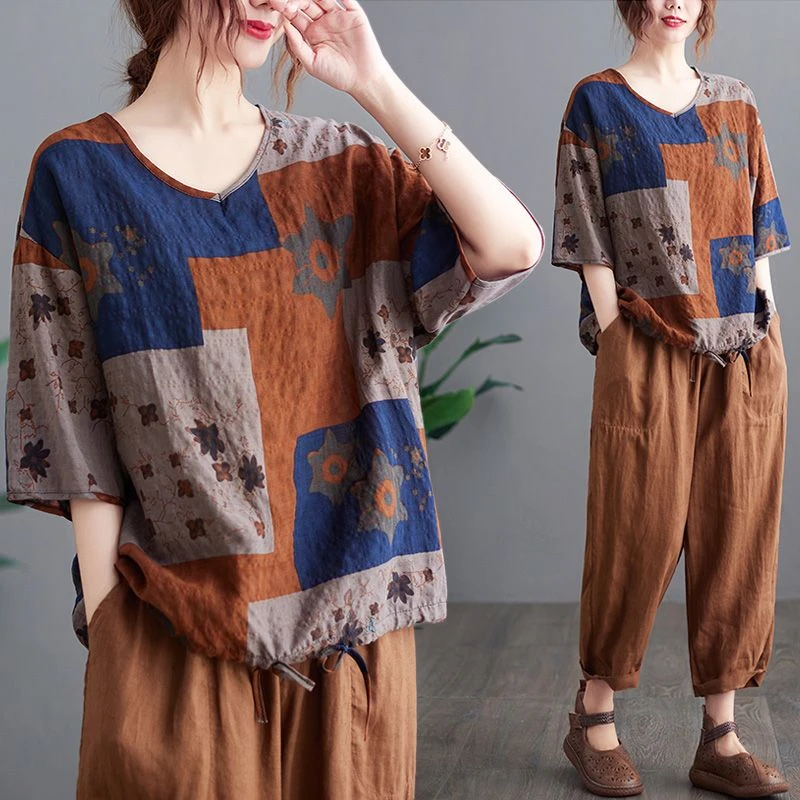 民族风撞色套头V领T恤女妈妈夏装薄款中老年宽松泡泡棉麻短袖上衣