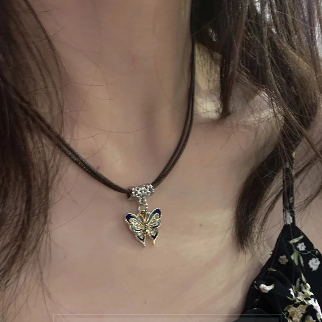 合金皮质项链 复古蝴蝶吊坠项链女项圈卫衣链百搭项链短款锁骨链