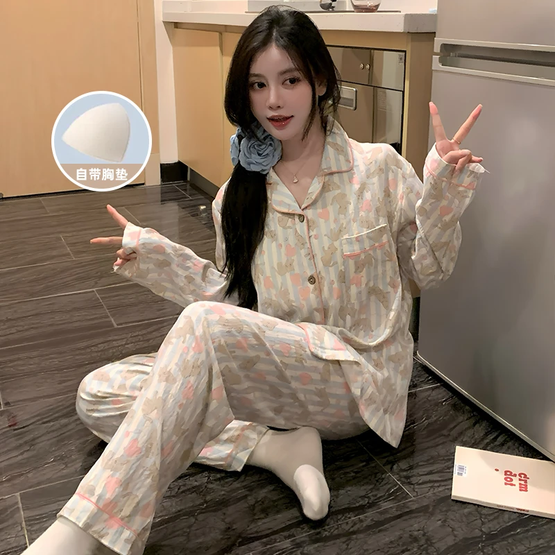 春秋季新款轻奢宽松睡衣家居服女长袖两件套韩版简约大码舒适显瘦
