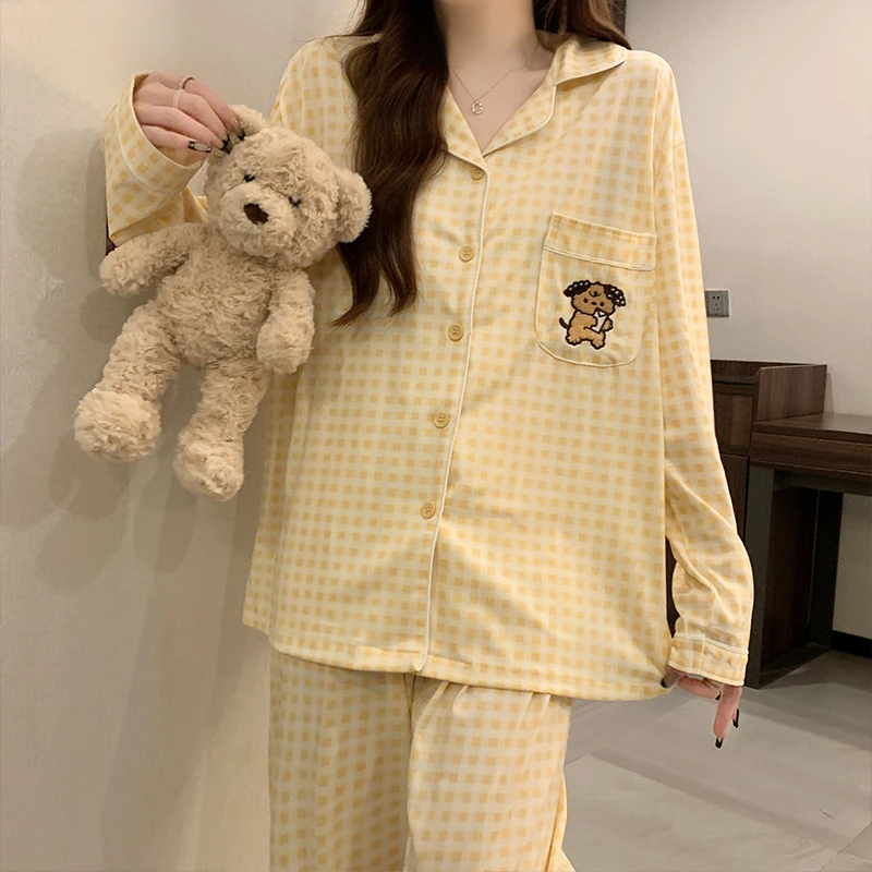 秋季长袖睡衣女休闲简约韩版大码修身显瘦舒适透气新款家居服套装
