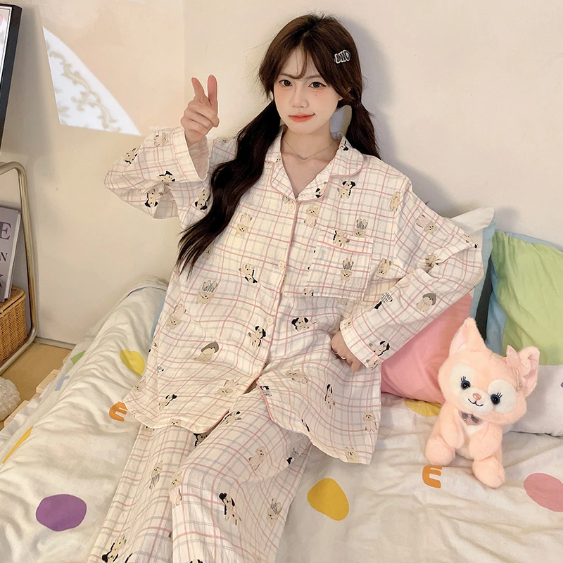 2024春秋可爱格子韩版大码显瘦女学生舒适休闲简约家居服睡衣套装