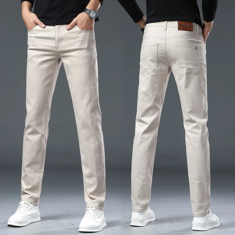 春夏男士杏色牛仔裤宽松弹力修身小直筒裤牛仔裤欧货男士杏色长款