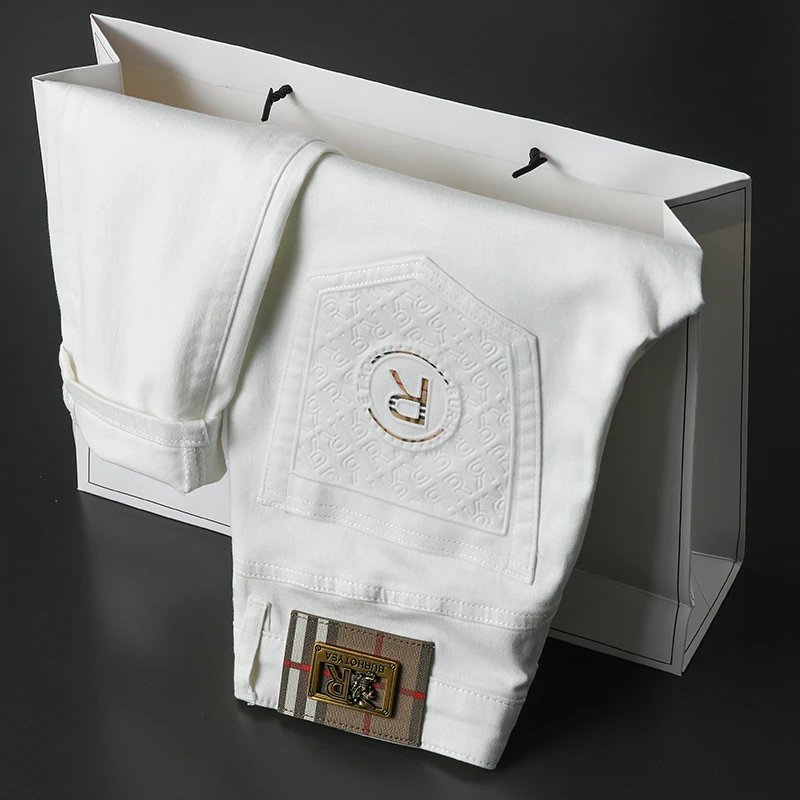 2025春夏弹力修身小直脚男士白色牛仔裤面料柔软舒适百搭轻奢男裤