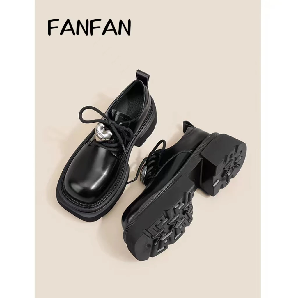 2025早春新~爱心系带单鞋新款乐福鞋时尚女士小皮鞋百搭厚底粗跟