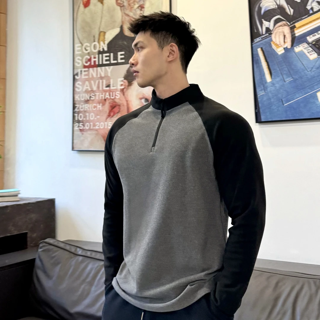 美式秋冬拼色插肩德绒保暖加厚长袖打底运动上衣男装休闲半拉链