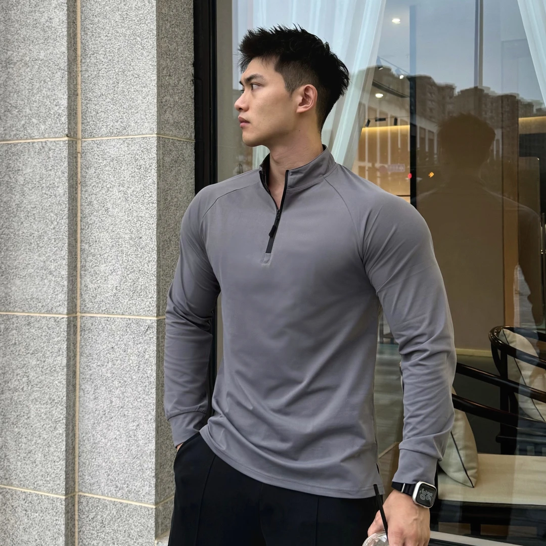 春季新款软壳克隆棉半门襟修身休闲时尚显型健身打底长袖运动户外
