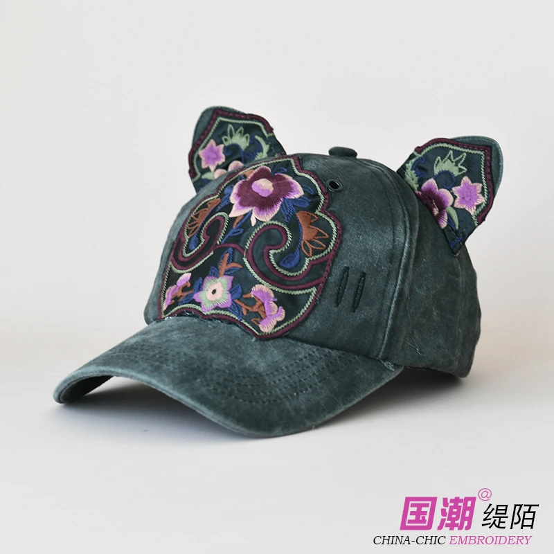 民族风刺绣帽猫耳帽耳朵棒球帽子女休闲百搭遮阳防晒鸭舌帽显脸小