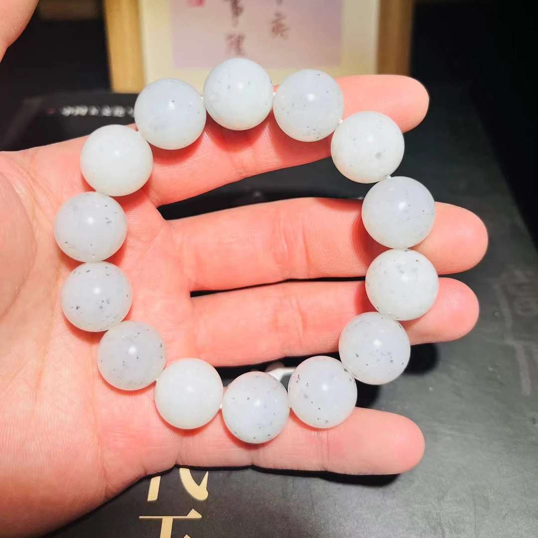 新疆狭义和田玉点墨楼兰青花籽料荔枝种奢华男生卡15手工圆珠手串