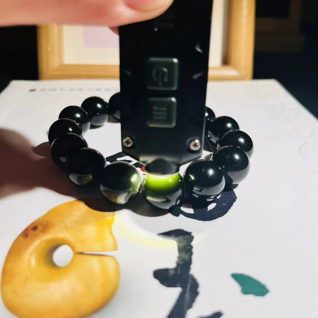 新疆狭义和田玉老矿色标极黑青玉黑塔青豪华精品传统手工卡14圆珠