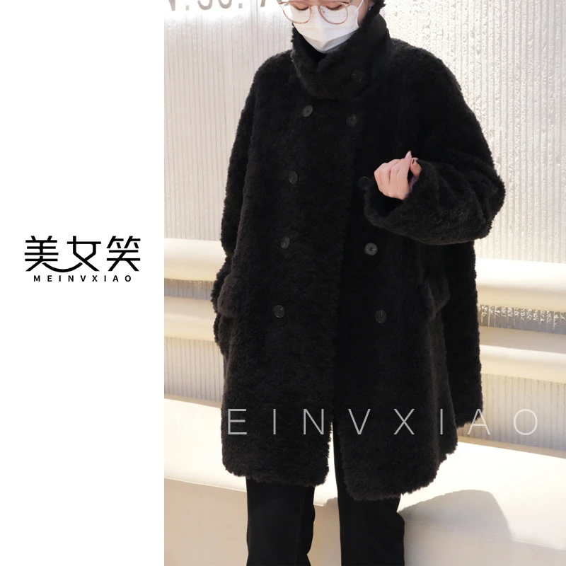 美女笑MNX【语蝶】100绵羊毛翻领冬季时尚女士气质设计师加厚宽松