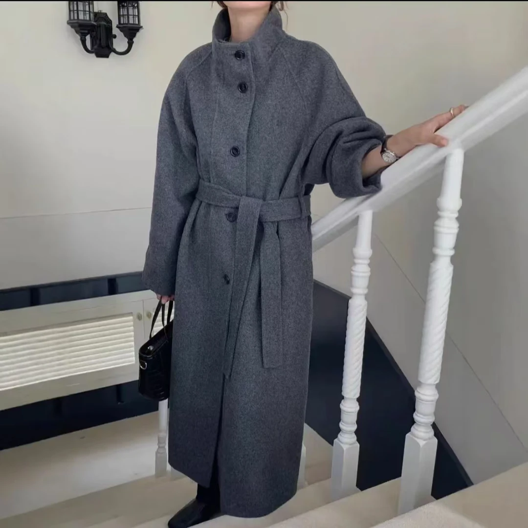 2024新款手工缝制双面羊毛大衣女立领单排扣气质时尚外套5006