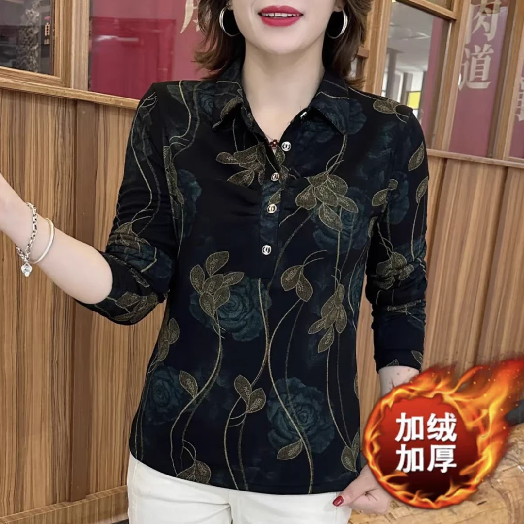 【加绒/薄款】高档印花网纱翻领衬衣长袖秋冬大码洋气减龄保暖上衣