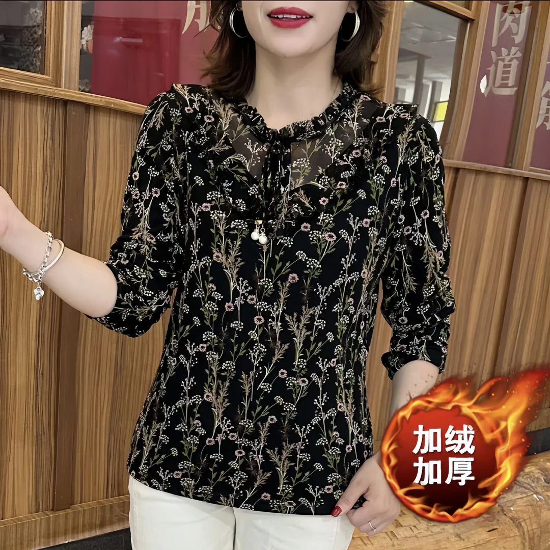 薄款/加绒网纱打底衫秋冬季妈妈外穿遮肚长袖遮肉显瘦妈妈装小衫