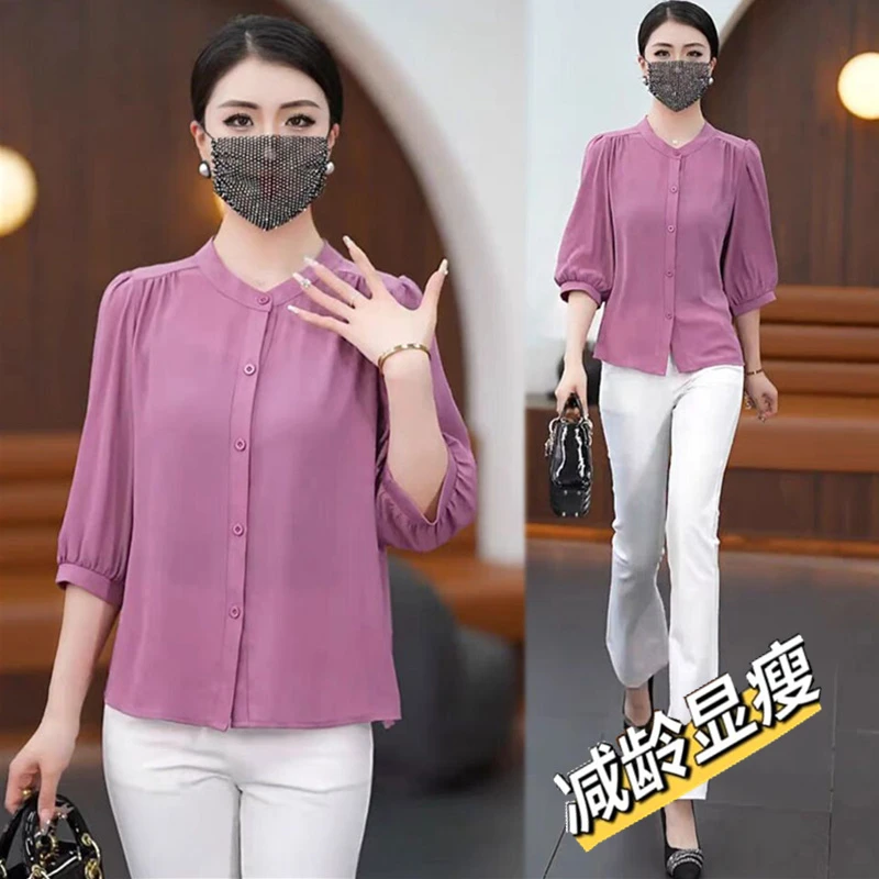 【多色多码】七分袖春夏薄款冰丝衬衫大码显瘦宽松遮肚洋气上衣减龄