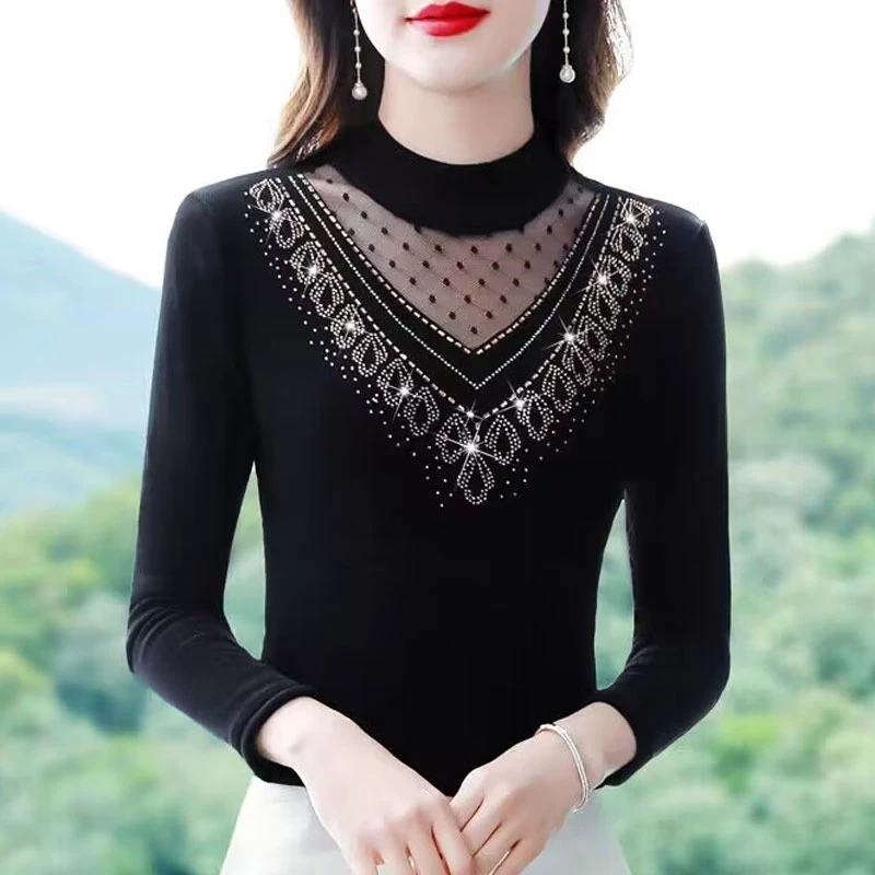 【多色多码】加绒/薄款烫钻黑色网纱打底衫长袖半高领显瘦保暖上衣