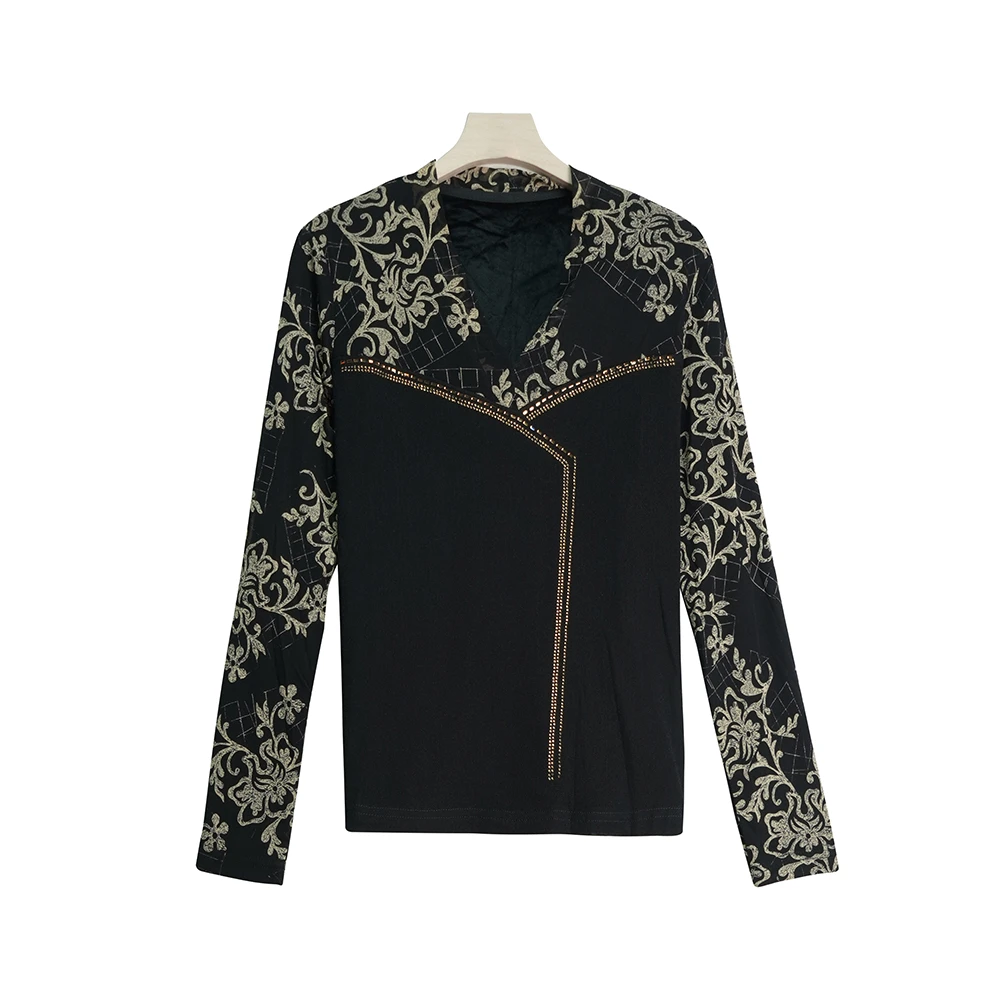 X24271【上新】小众设计感烫钻印花百搭V领加绒打底长袖3Q