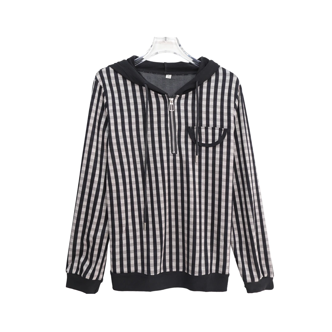 连帽条纹长袖T恤拼色上衣休闲宽松套头小衫X2772