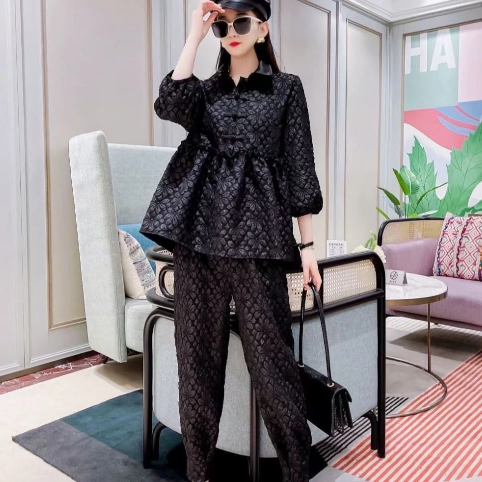 X6129【夏季爆款】黑色娃娃领长袖宽松上衣松紧腰哈伦裤两件套