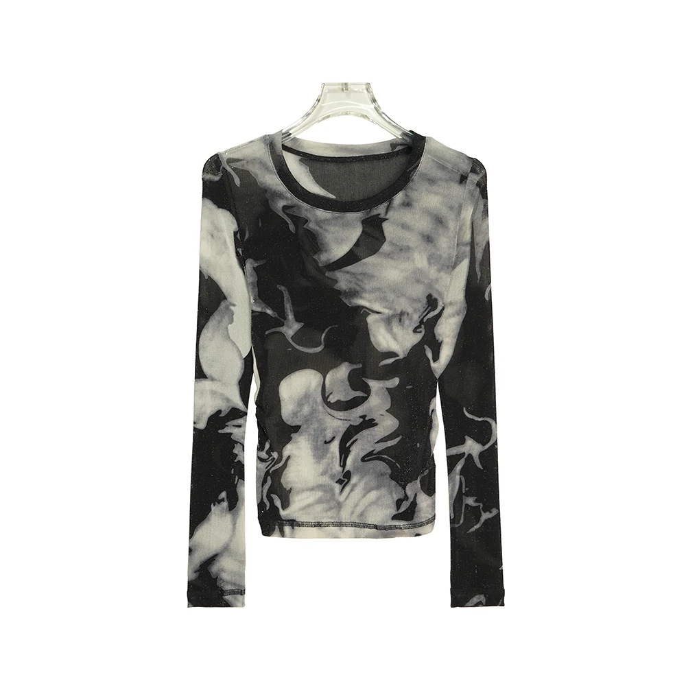 高级感复古扎染水墨画亮丝网纱长袖T恤X2518