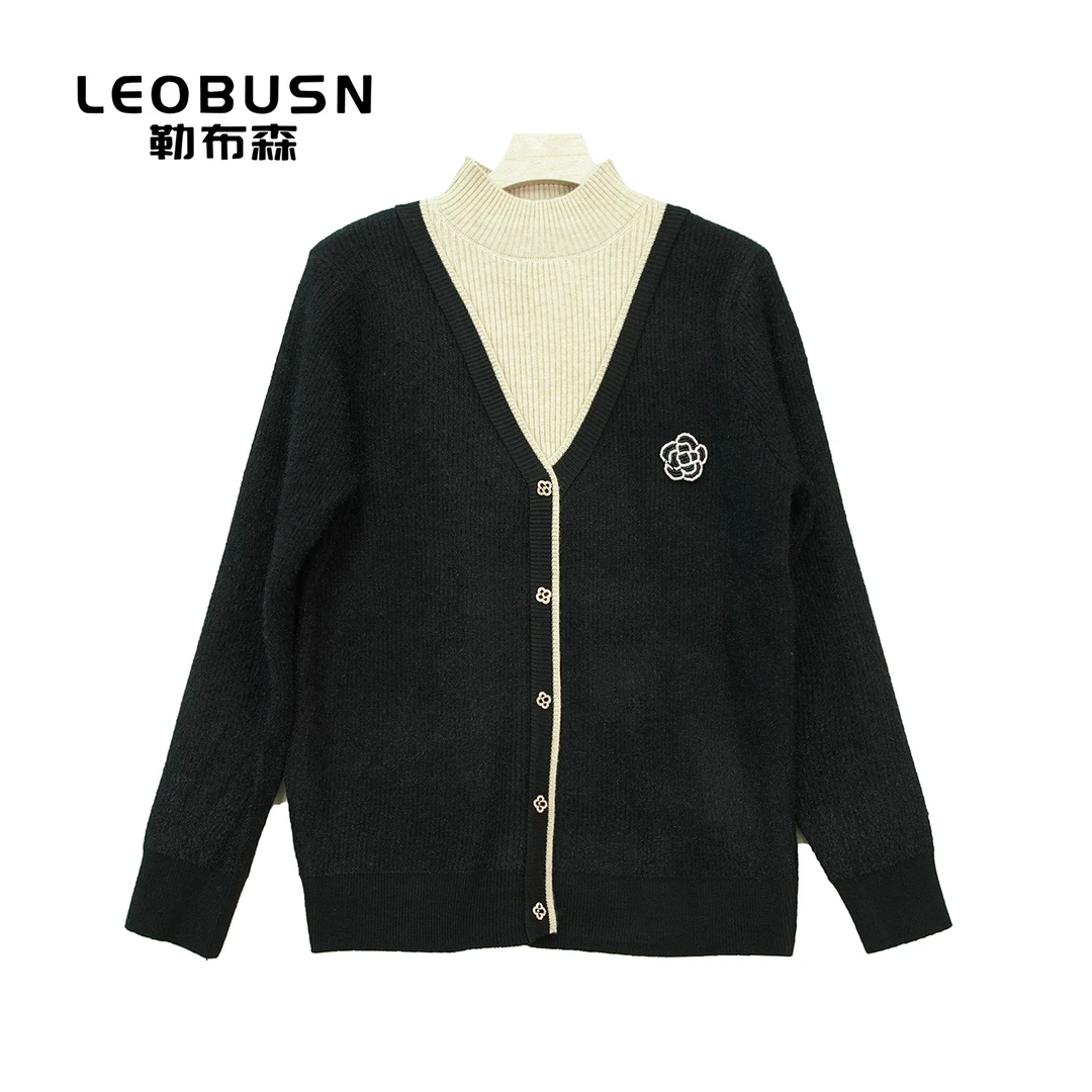 BL590【冬季新款】时尚黑色星光排扣假两件加绒毛衣
