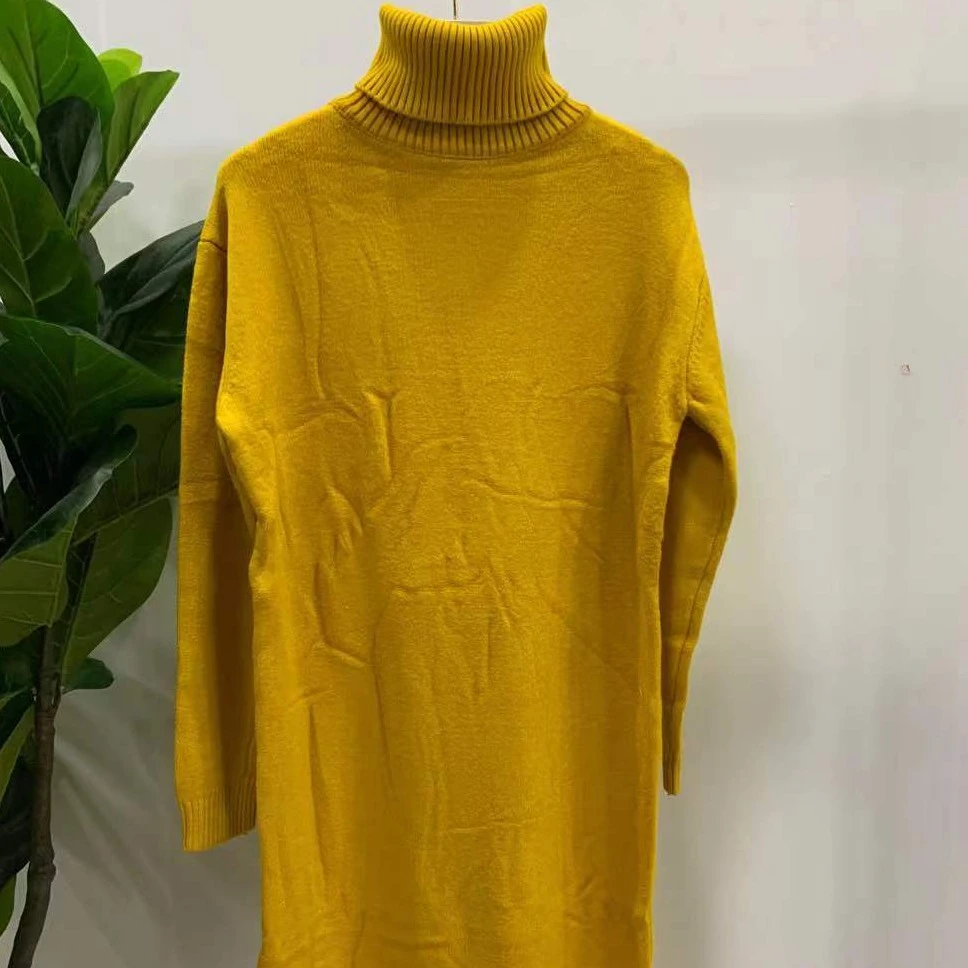 B9100时尚高领黄色百搭长款毛衣