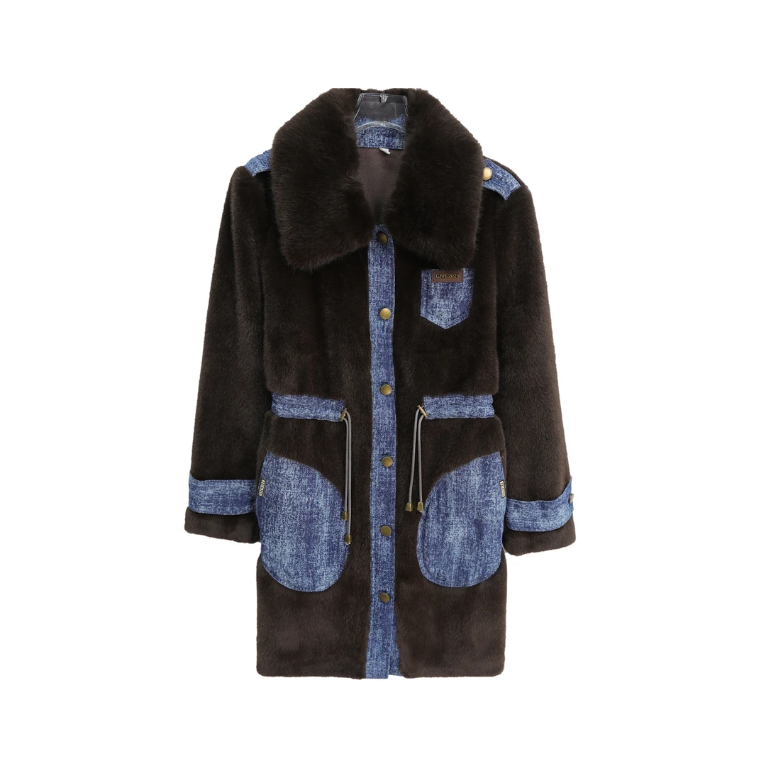 时尚高级感口袋拼接牛仔收腰显瘦中长款毛毛外套S4975