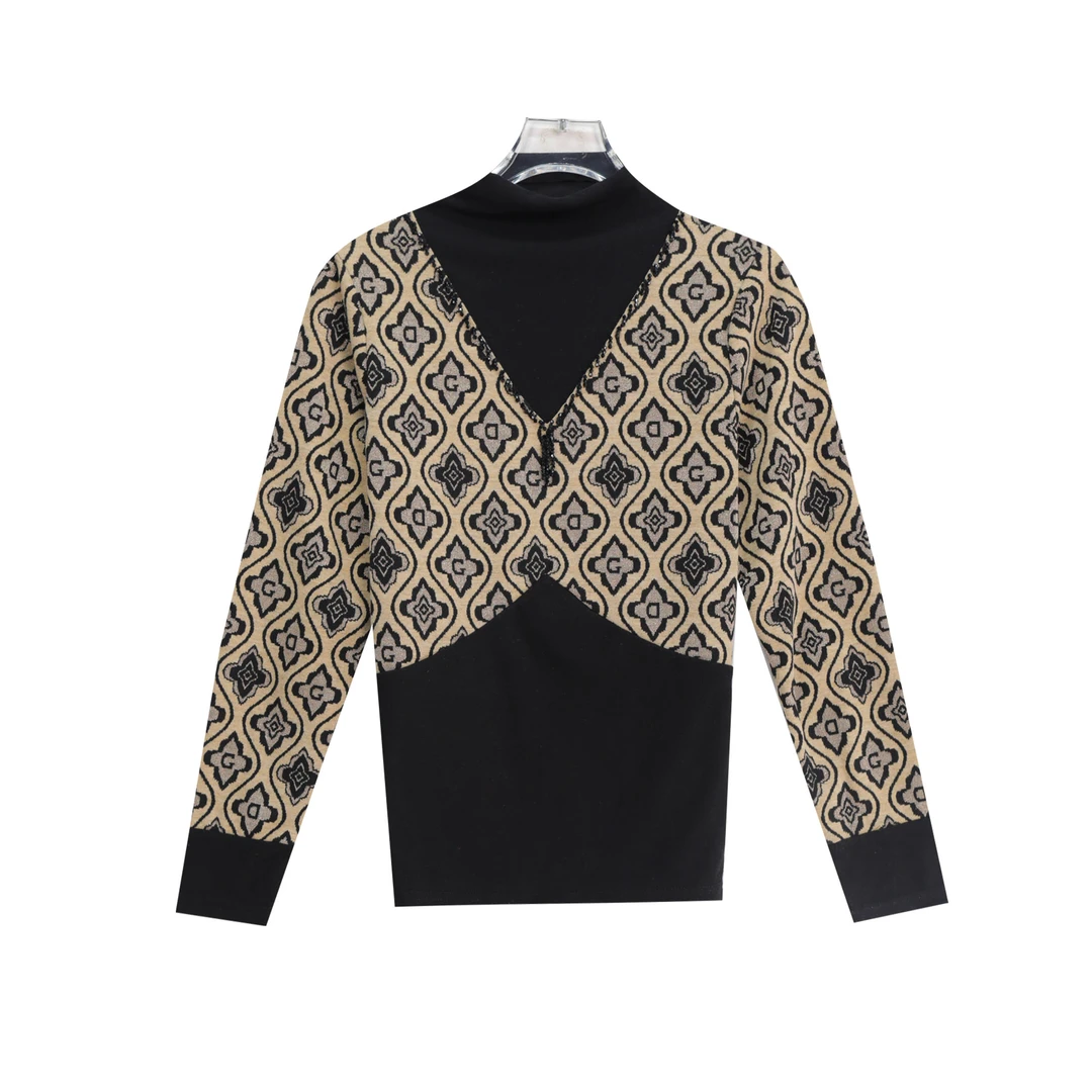 圆领烫钻拼接假两件圆领套头长袖T恤X27294