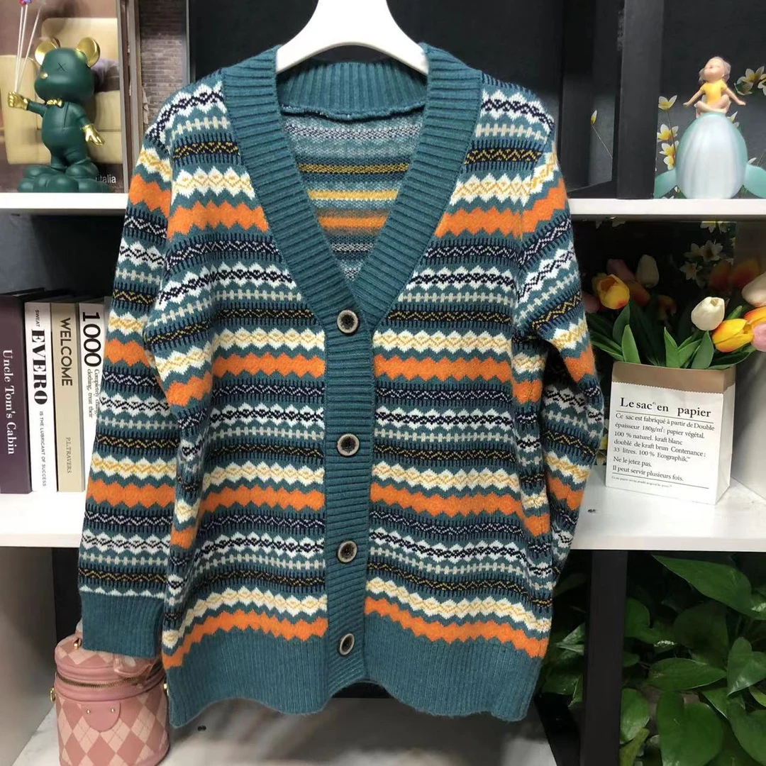 YM507【春季新款】时尚蓝色V领单排扣拼色印花百搭款开衫3331