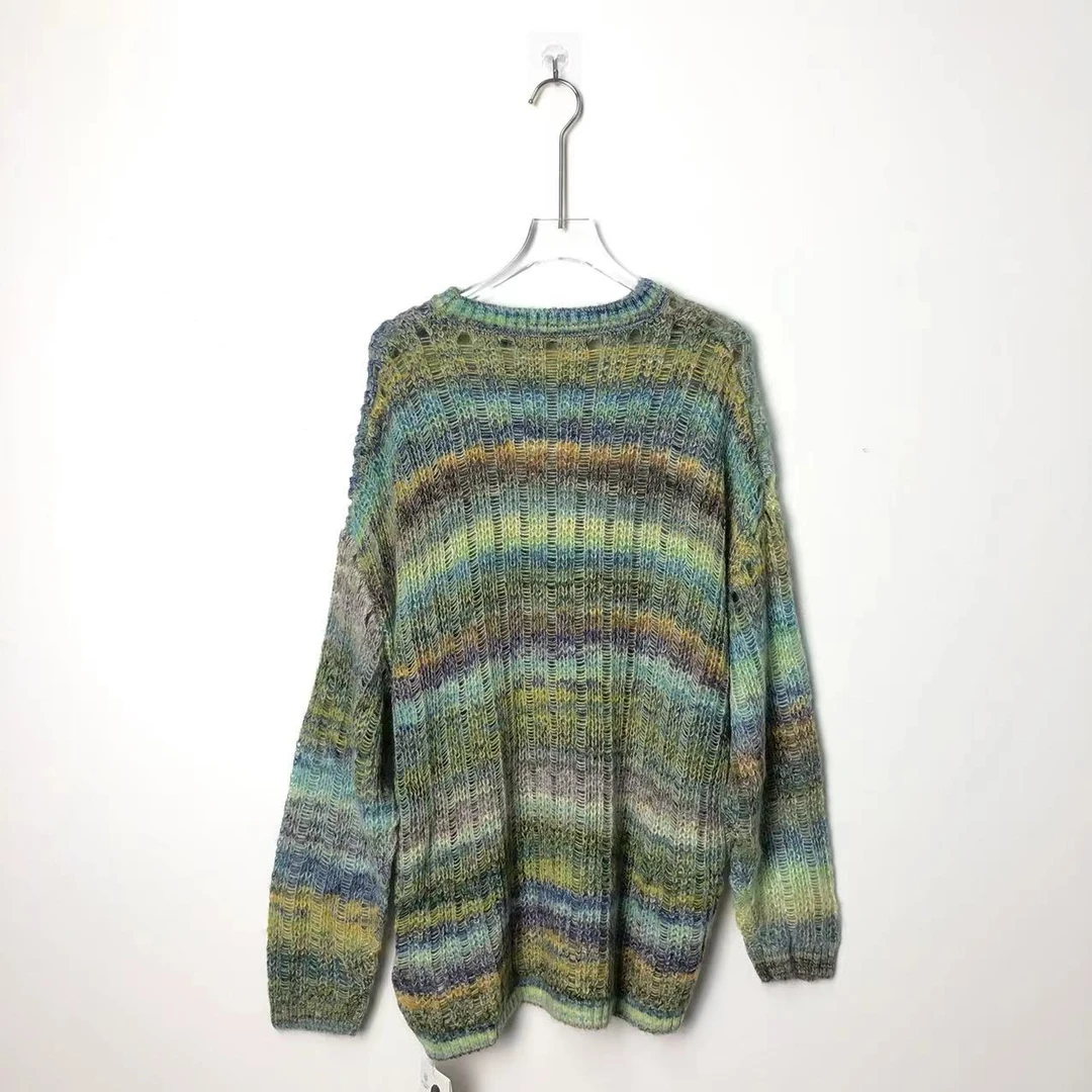 ML2088【品牌撤柜】时尚优雅绿色百搭圆领彩色条纹镂空上衣