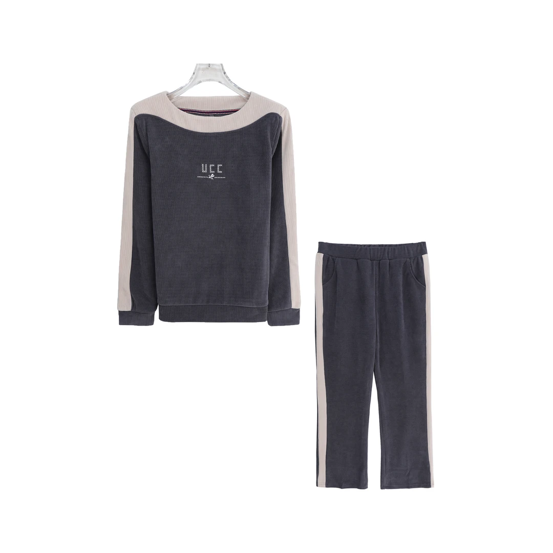 圆领套头撞色条纹宽松上衣休闲长裤套装S3202