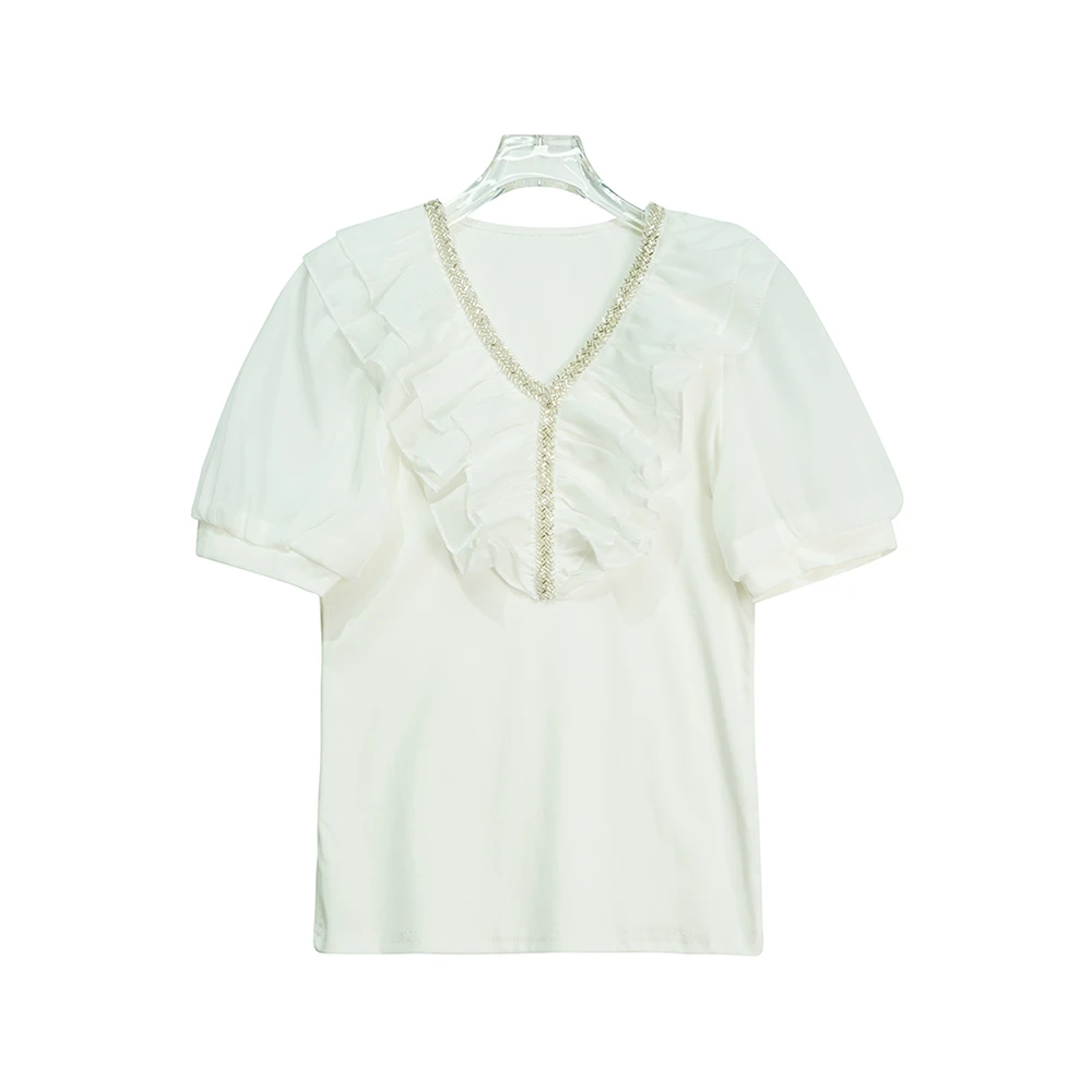 时尚白色V领镶砖荷叶边设计修身显瘦上衣-X2323