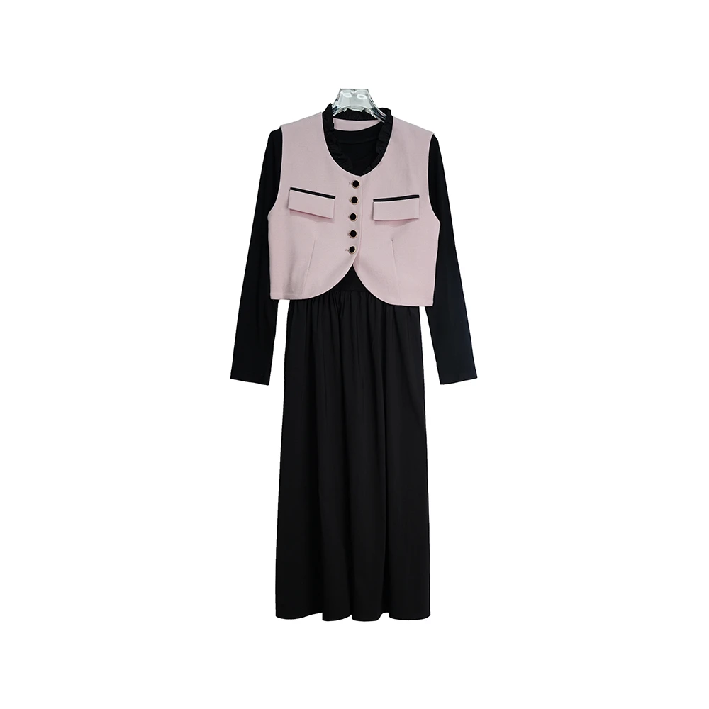 E882【新款】时尚单排扣木耳边粉色马甲收腰气质两件套连衣裙