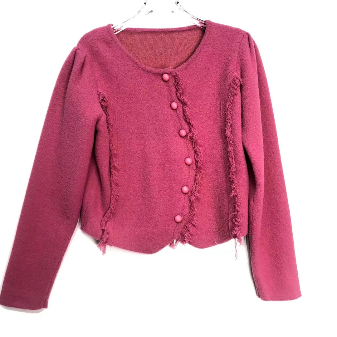 HY701【新款】开衫圆领流苏显瘦洋气玫红色上衣