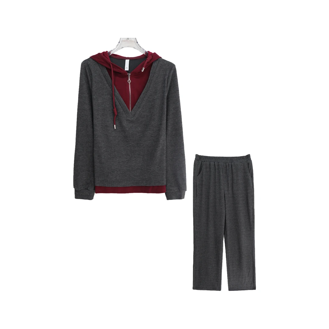 S连帽假两件宽松减龄上衣垂感阔腿裤套装S3860