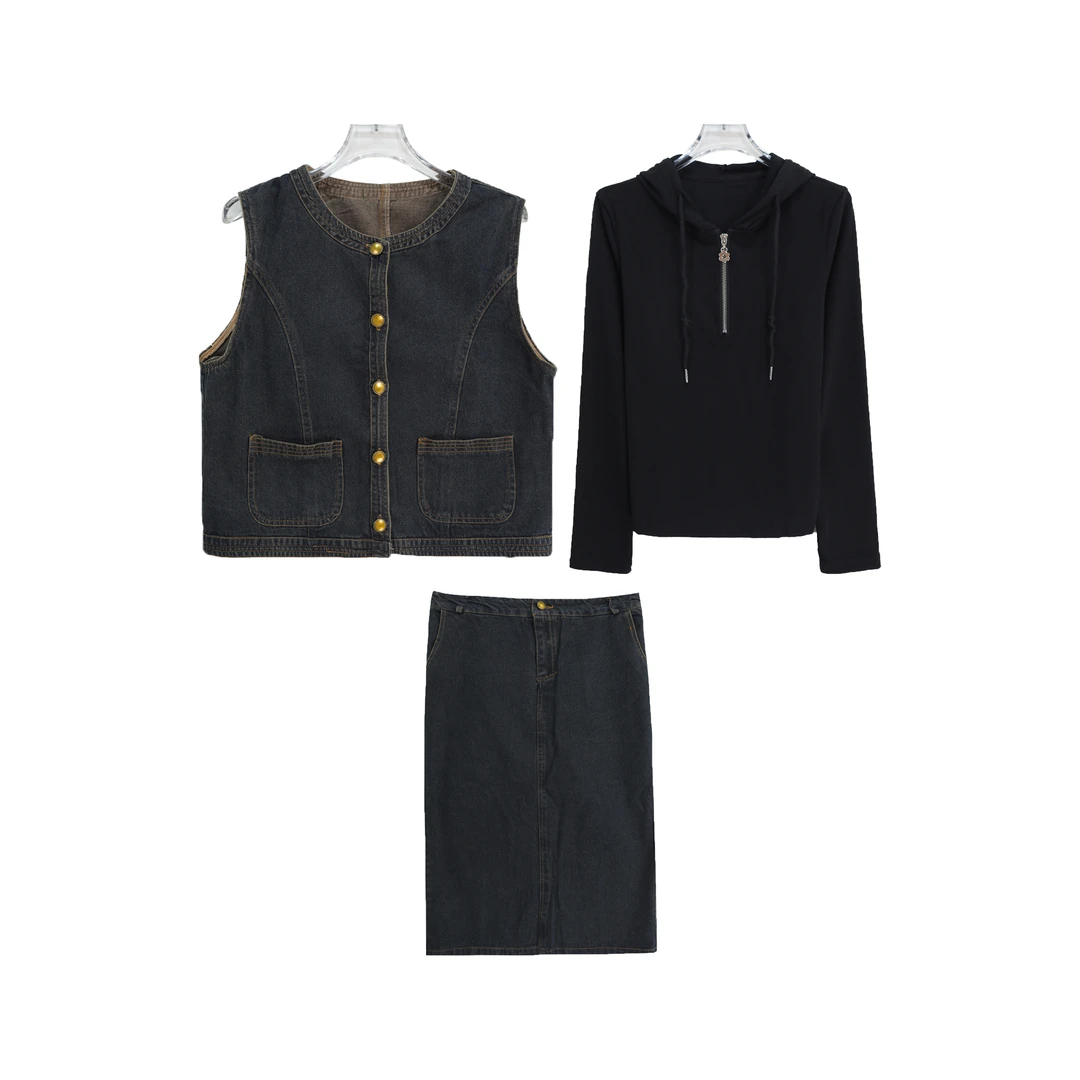 时尚休闲宽松牛仔坎肩带帽打底衫牛仔裙三件套S2680