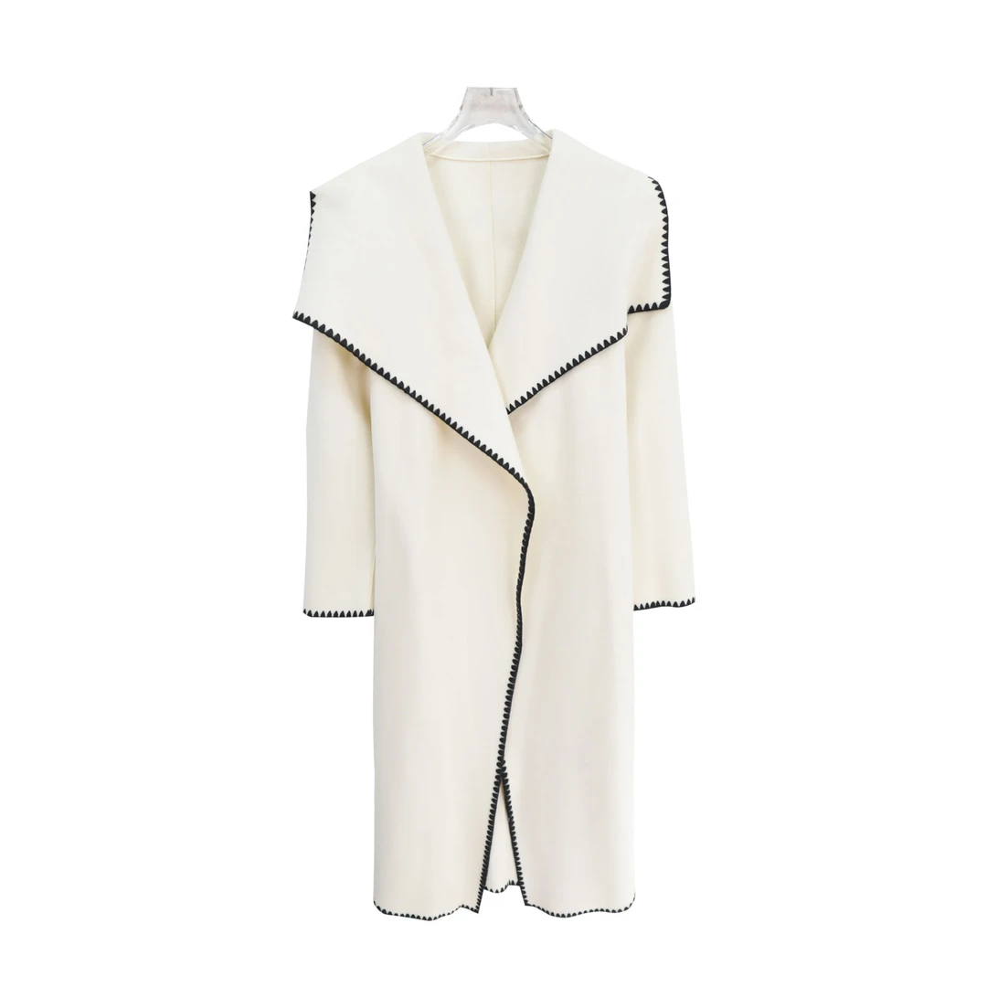 新款气质小香风撞色花边设计感长款毛呢外套DY2509