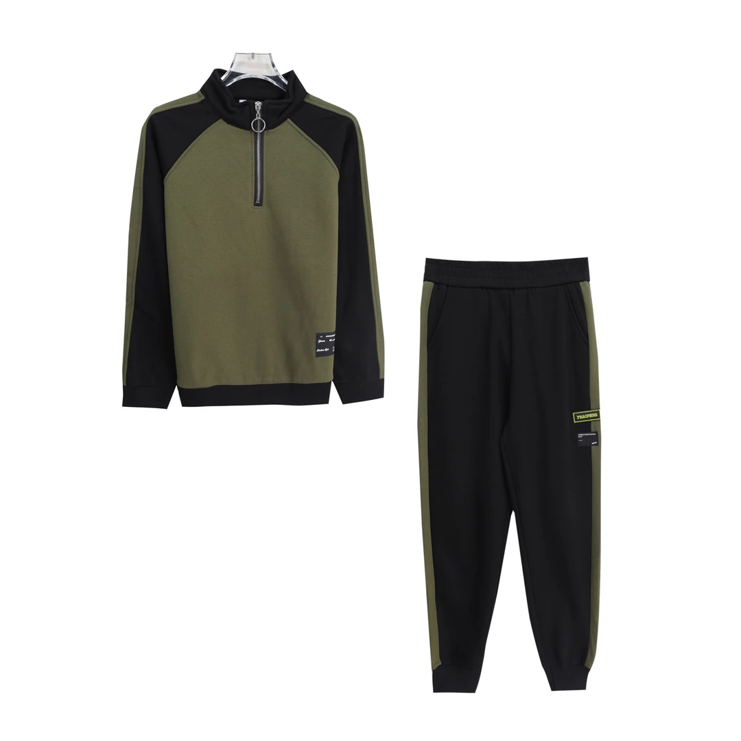 撞色半高领拉链宽松上衣减龄休闲长裤套装S4555