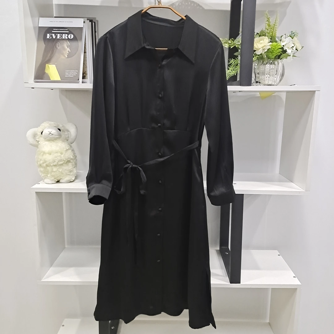 22001X【重磅新款】时尚黑色立领单排扣收腰百搭款连衣裙100#