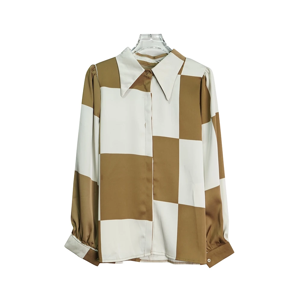 时尚翻领香槟色格子质感撞色通勤百搭衬衫X2256