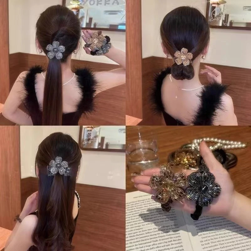 秋冬轻奢闪钻花朵发圈气质网红马尾头绳丸子头扎头发绳发饰